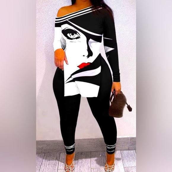 2 Piece: Black and White Bardot Glamour Face Print Outfit,...